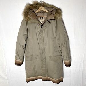 Vintage Imperial Tan Embroidered Down Filled Winter Coat Parka W Fur Trim 40/M